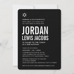 Invitation BAR MITZVAH étoile moderne garçon noir blanc simpl