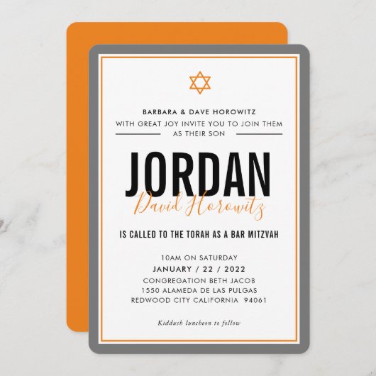 Invitation BAR MITZVAH étoile moderne garçon orange gris simp (Devant / Derrière)