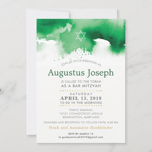 Invitation BAR MITZVAH étoile moderne kelly vert aquarelle GU (Devant)