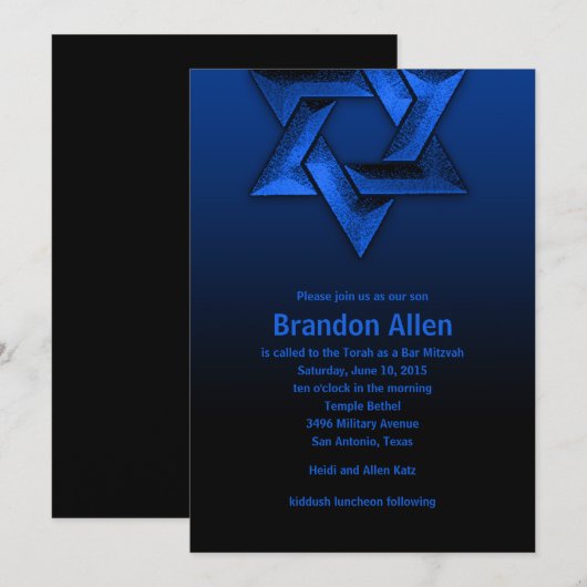 Invitation Bar Mitzvah Étoile noire et bleue de David (Devant / Derrière)
