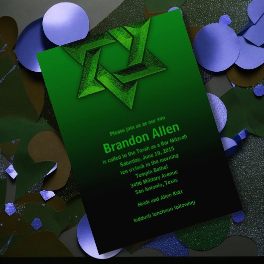 Invitation Bar Mitzvah Étoile noire et verte de David