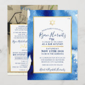 Invitation BAR MITZVAH étoile or bleu aquarelle PHOTO RYAN (Devant / Derrière)