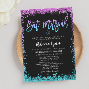 Invitation Bar Mitzvah Faux Paillettes Turquoise Violet