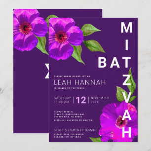 Invitation Bar Mitzvah Fille Violet Floral Aquarelle Moderne