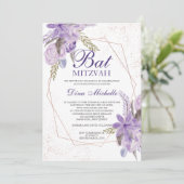 Invitation Bar Mitzvah fleur aquarelle rose et or violet (Debout devant)