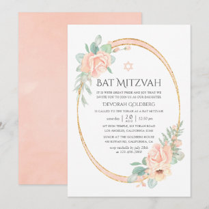 Invitation Bar Mitzvah Fleur Géométrique Pastel Rose