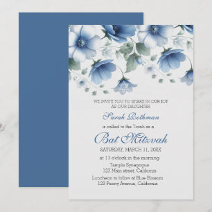 Invitation Bar Mitzvah Fleurie Élégante Fille Bleue