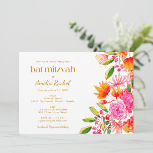 Invitation Bar Mitzvah Floral Aquarelle Fleurie Rose Orange M