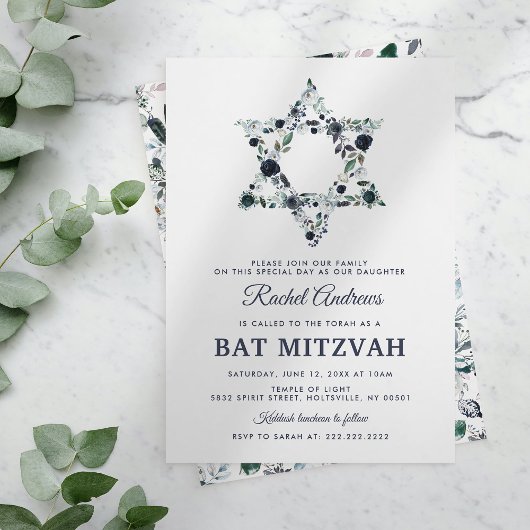Invitation Bar Mitzvah Floral Bleu
