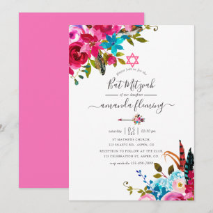 Invitation Bar Mitzvah Floral Boho Chic Aquarelle Rose