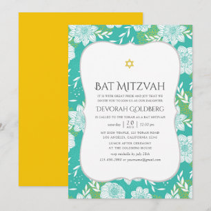 Invitation Bar Mitzvah floral jaune et sarcelle
