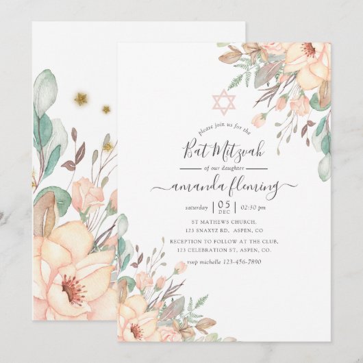 Invitation Bar Mitzvah Floral Rose Pâle (Devant / Derrière)