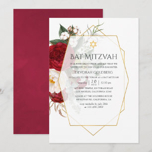 Invitation Bar Mitzvah géométrique floral bordeaux et blanc