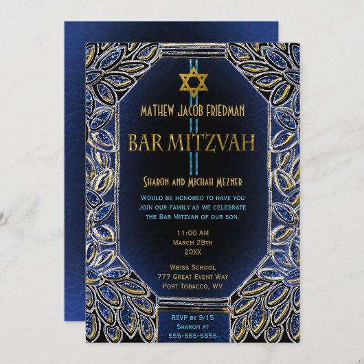 Invitation Bar Mitzvah Gold et Blue (Devant / Derrière)