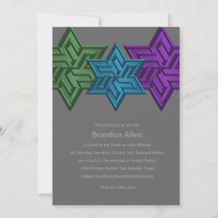 Invitation Bar Mitzvah Green Teal and Purple Star of David