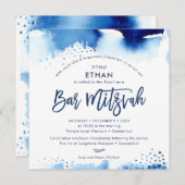 Invitation BAR MITZVAH hébreu main lettré bleu aquarelle (Devant / Derrière)