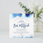 Invitation BAR MITZVAH hébreu main lettré bleu aquarelle (Debout devant)