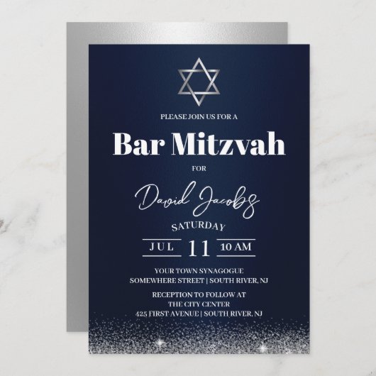 Invitation Bar Mitzvah juif Étoile de David Moderne Bleu Mari (Devant / Derrière)