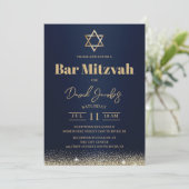 Invitation Bar Mitzvah juif moderne bleu marine et or (Debout devant)