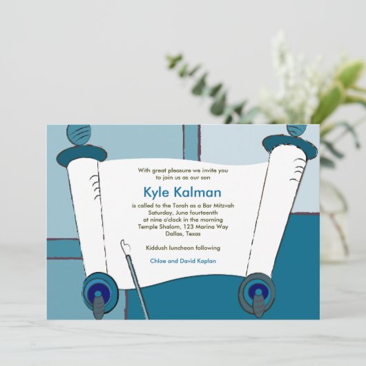 Invitation Bar Mitzvah Kyle Torah Blue (Debout devant)