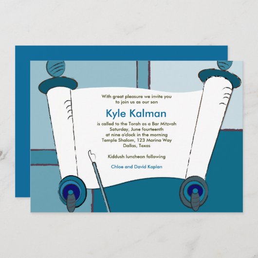 Invitation Bar Mitzvah Kyle Torah Blue (Devant / Derrière)