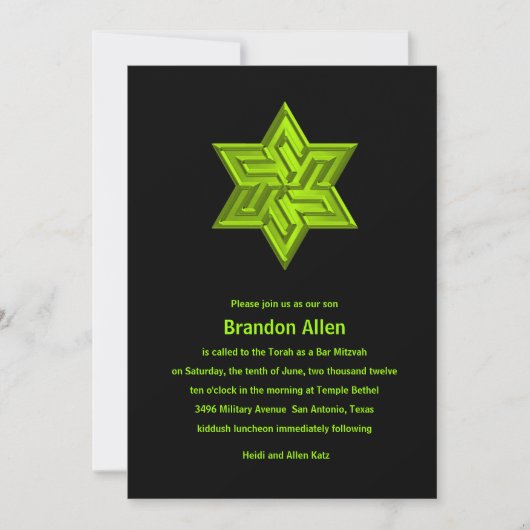 Invitation Bar Mitzvah Lime Green sur Black, Étoile de David (Devant)