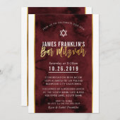 Invitation BAR MITZVAH marron rouge aquarelle or script (Devant / Derrière)