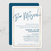Invitation BAR MITZVAH minimum moderne cadre doré bleu foncé  (Devant / Derrière)