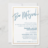 Invitation BAR MITZVAH minimum moderne cadre doré bleu foncé  (Devant)