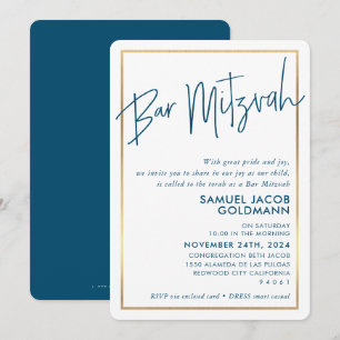 Invitation BAR MITZVAH minimum moderne cadre doré bleu foncé 
