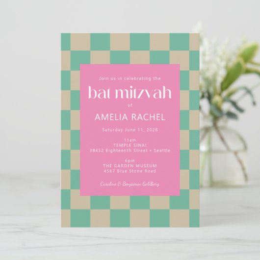 Invitation Bar Mitzvah Mod Rose Vert Menthe Damier (Debout devant)
