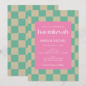 Invitation Bar Mitzvah Mod Rose Vert Menthe Damier (Devant / Derrière)
