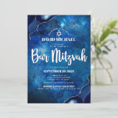 Invitation Bar Mitzvah moderne à l'aquarelle bleu agate et éc (Debout devant)