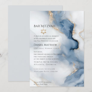 Invitation Bar Mitzvah Moderne Agate Marbrée Bleu Poussiéreu