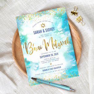 Invitation Bar Mitzvah Moderne Aquarelle Turquoise Or Moderne