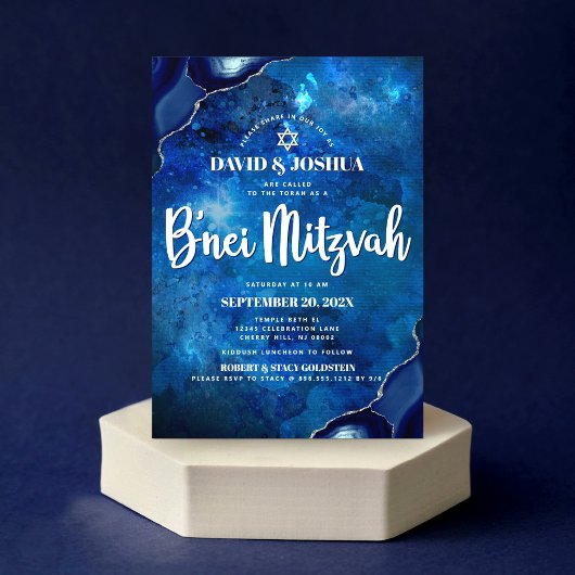 Invitation Bar Mitzvah moderne bleu agate aquarelle script