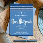 Invitation Bar Mitzvah Moderne Bleu Argent Tallit Bold Script<br><div class="desc">Soyez fier, réjouissez-vous et présentez cette étape importante de votre Bar Mitzvah préféré ! Envoyer cette invitation cool, unique, moderne, personnalisée pour un événement à retenir. Téméraire, écriture blanche typographie, Etoile de David et une parties scintillant bleu marine et argent rayé tallit inspiré graphique superpose un arrière - plan simple,...</div>