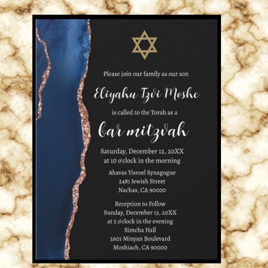 Invitation Bar Mitzvah Moderne Bleu Nuit et Or Rose