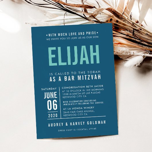 Invitation BAR MITZVAH moderne bloc gras foncé menthe bleue