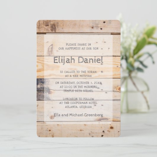 Invitation Bar Mitzvah Moderne Bois Rustique (Debout devant)