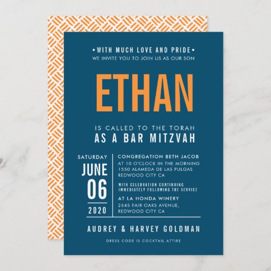 Invitation BAR MITZVAH moderne bold bloc bleu foncé orange (Devant / Derrière)