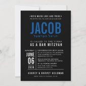 Invitation BAR MITZVAH moderne bold bloc royal bleu noir (Devant)