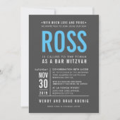 Invitation BAR MITZVAH moderne bold bloc type gris aqua bleu (Devant)