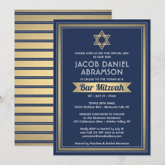 Invitation Bar Mitzvah Moderne Elegant Marine Bleu Blanc & Or (Devant / Derrière)