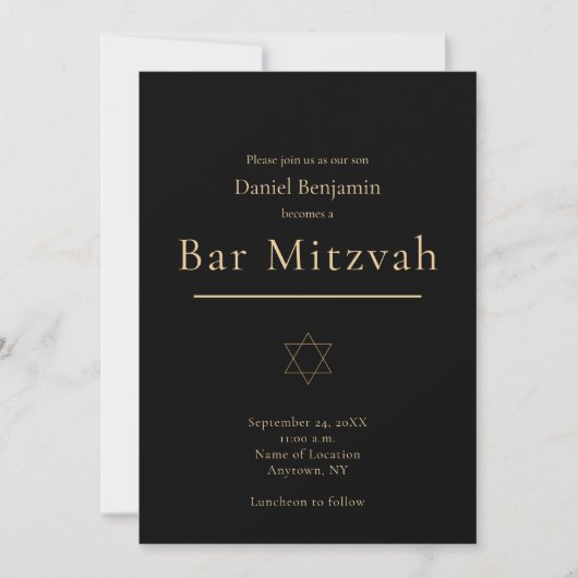 Invitation Bar Mitzvah Moderne Élégant Noir Or (Devant)