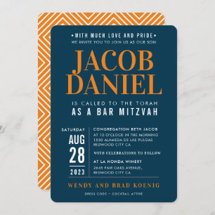Invitation BAR MITZVAH moderne empilement géométrique bleu or