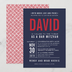 Invitation BAR MITZVAH moderne en gros bloc type marine rouge