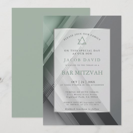 Invitation Bar Mitzvah moderne Géométrique Charbon vert (Devant / Derrière)