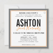 Invitation BAR MITZVAH moderne masculine orange gris sport (Devant)