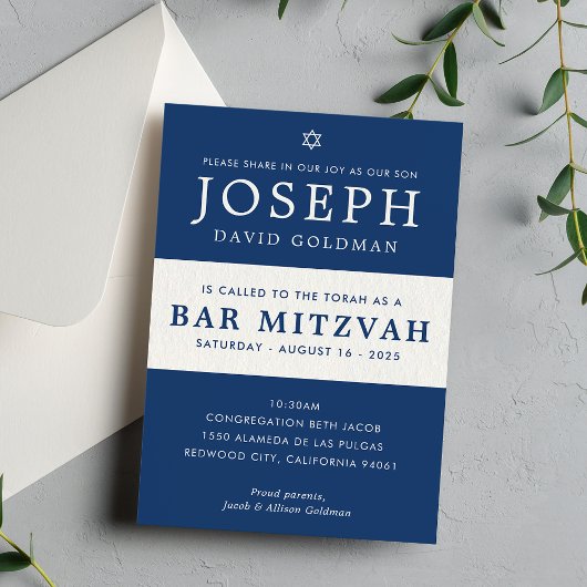 Invitation BAR MITZVAH moderne minima élégant style marine bl